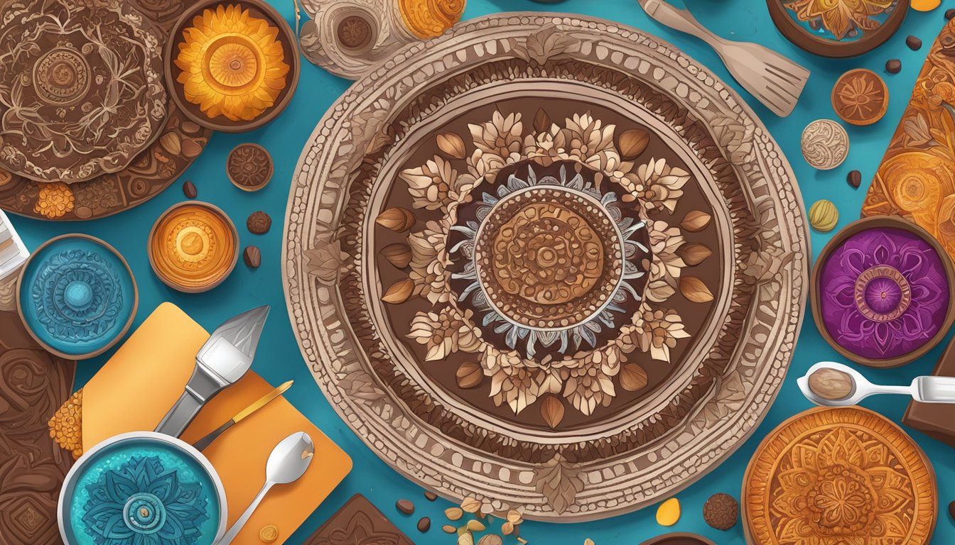 A table covered in various intricate chocolate mandalas, surrounded bycolorful ingredients and tools for creatingthem