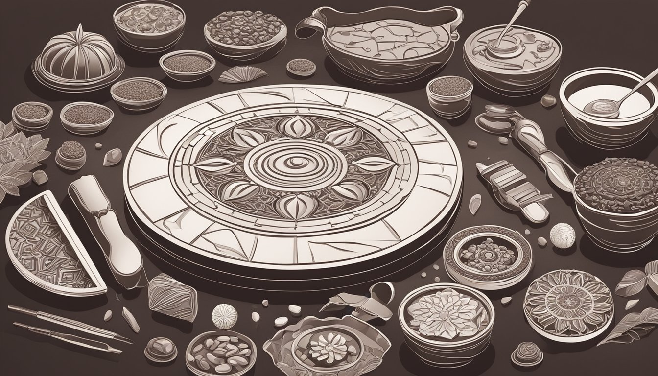 A table scattered with various tools and molds, as a chocolatiercarefully creates intricate mandala designs out of smooth, darkchocolate