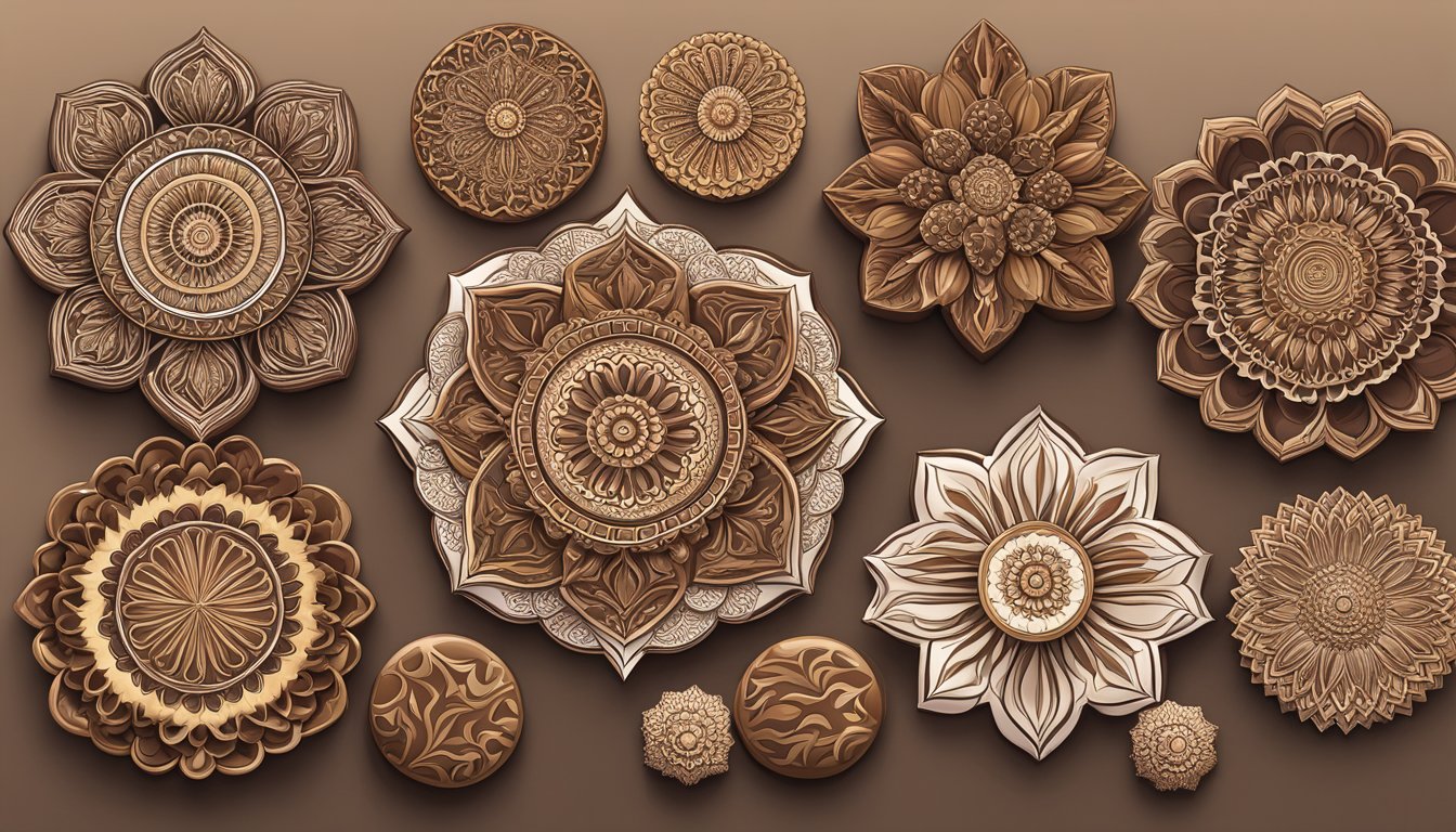 Various chocolate mandalas in intricate designs and flavors arrangedon a displaytable
