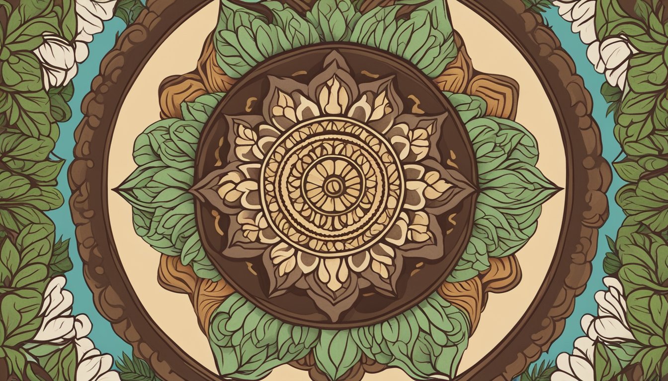 A mandala made of ethically sourced chocolate surrounded bysustainable cacao trees and fair tradefarmers