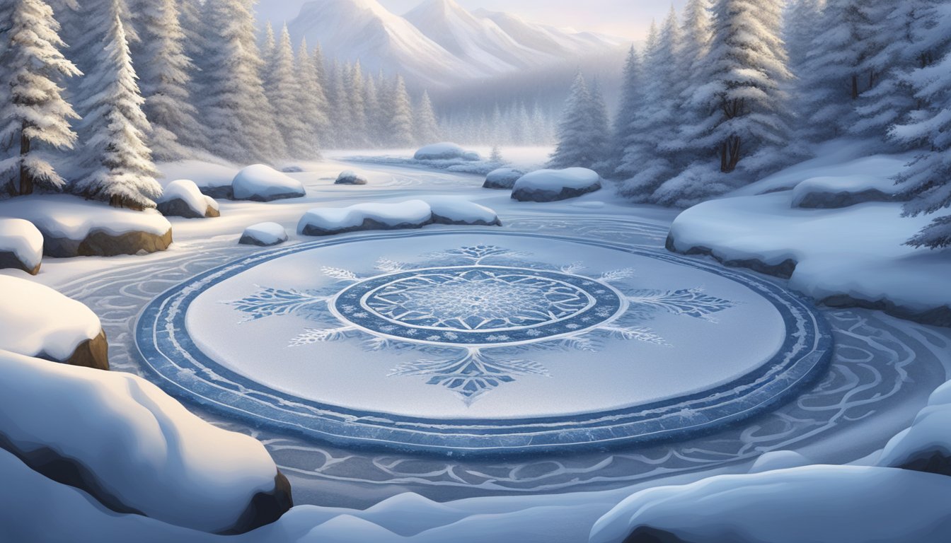 Snow-covered landscape with intricate ice mandalas scattered acrossthe ground. Trees and rocks are adorned with delicate snowart