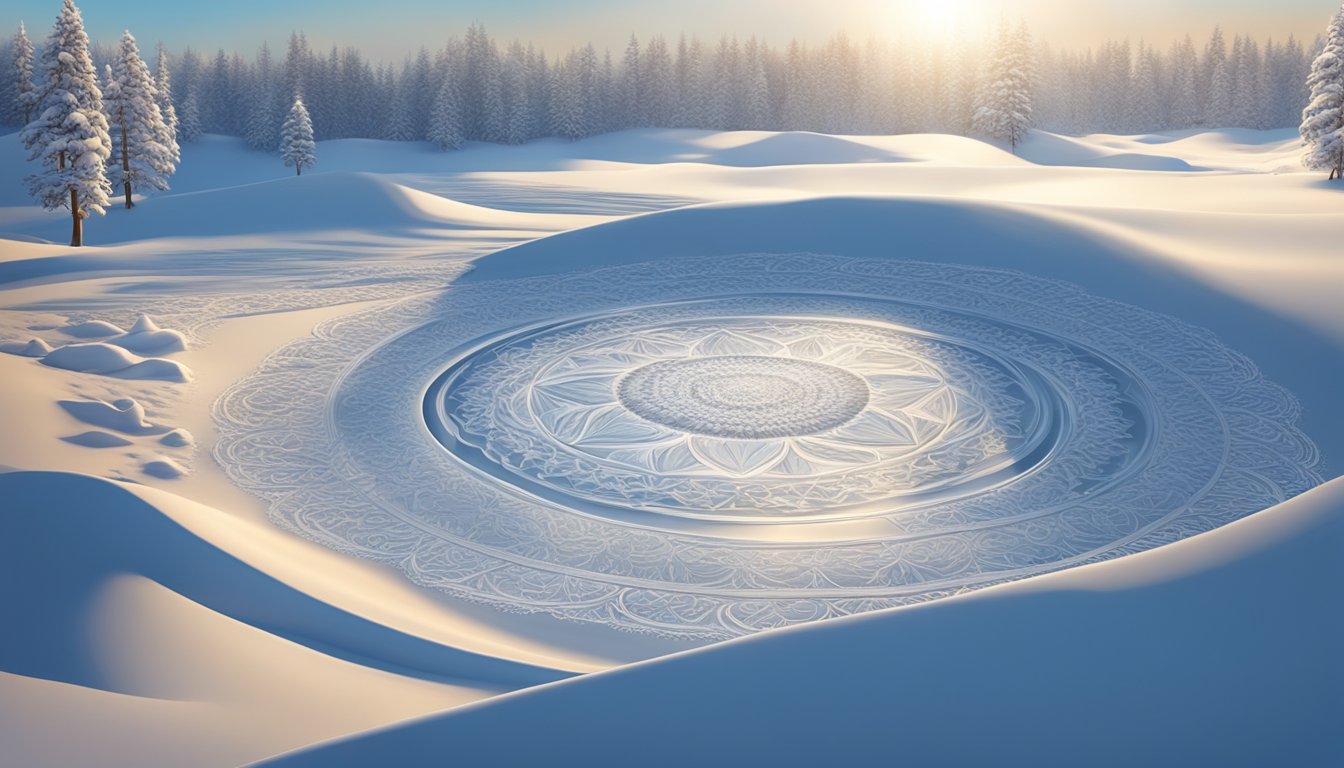 A snow-covered landscape with intricate ice mandalas scattered acrossthe ground, reflecting the sunlight and creating a mesmerizing patternof light andshadow