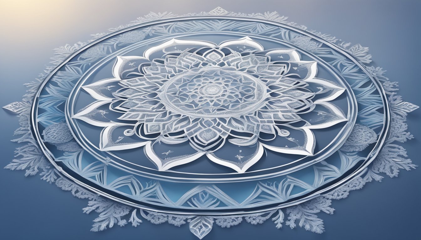 Snow-covered ground with intricate mandalas drawn in ice and snow.Delicate patterns and designs intertwine, creating a beautiful andephemeraldisplay
