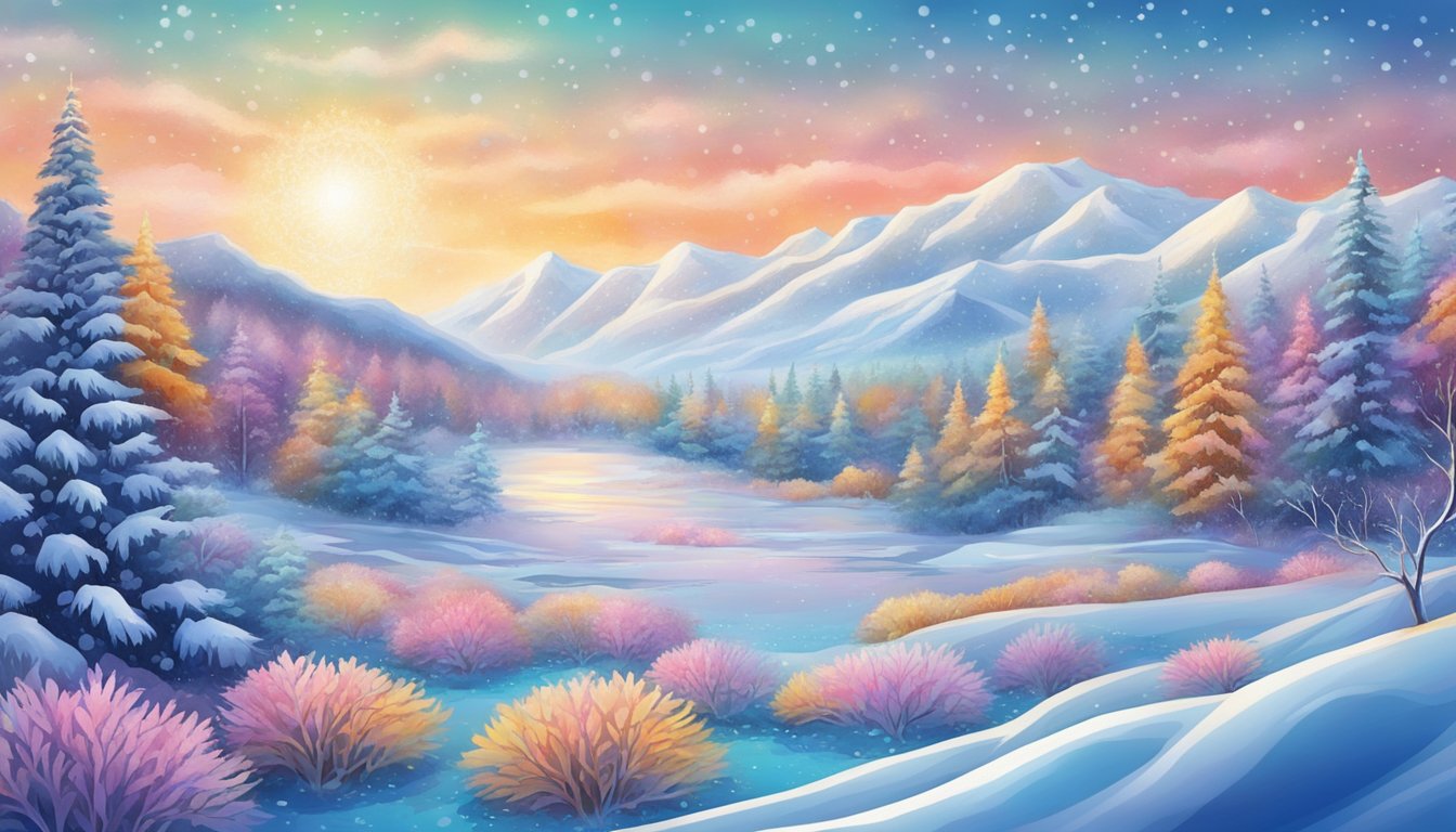 A snowy landscape with vibrant dye patterns and intricate mandalascreated on the icysurface