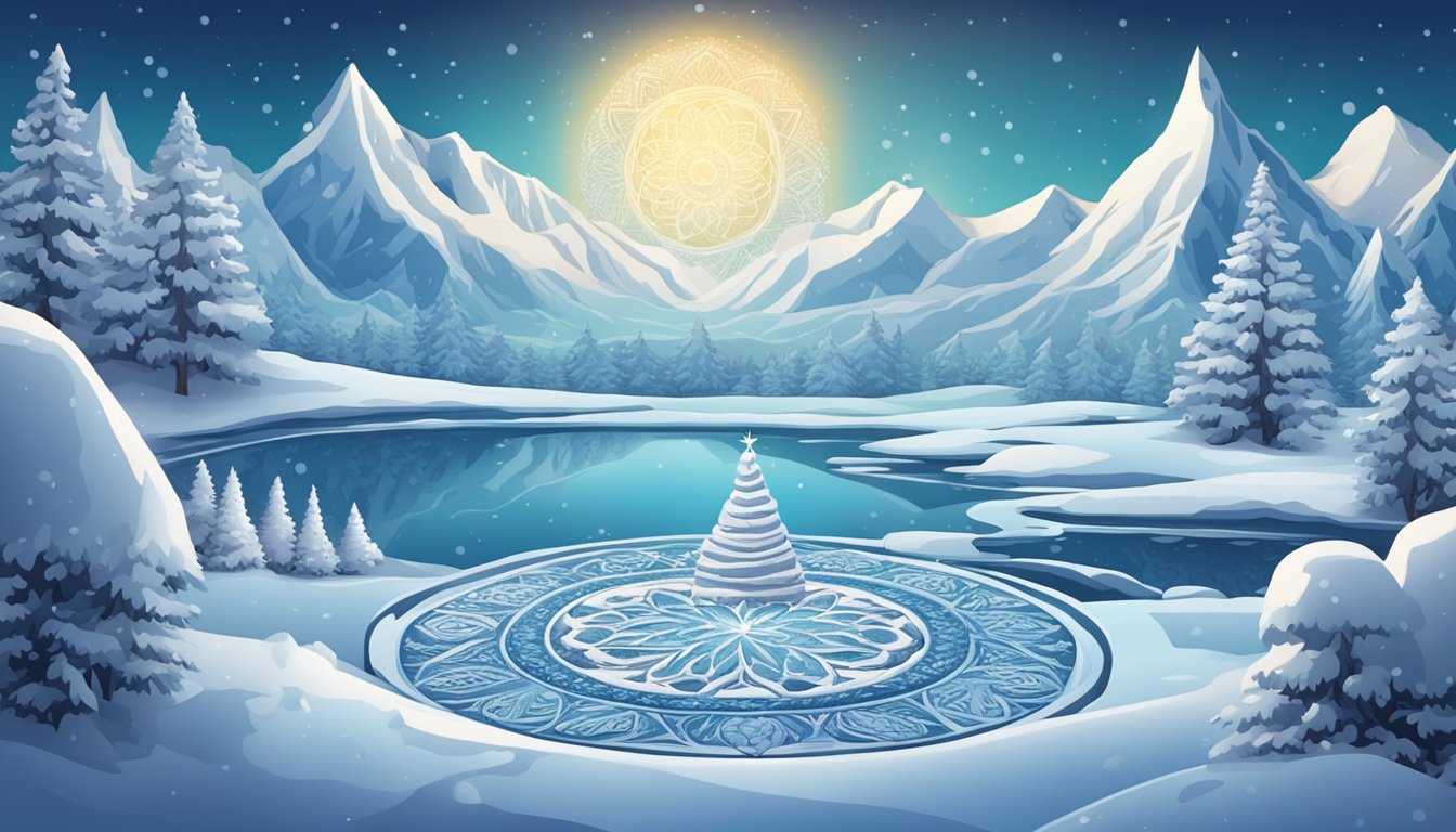 A snow-covered landscape with intricate mandala designs carved intothe ice and snow, surrounded by seasonaldecorations