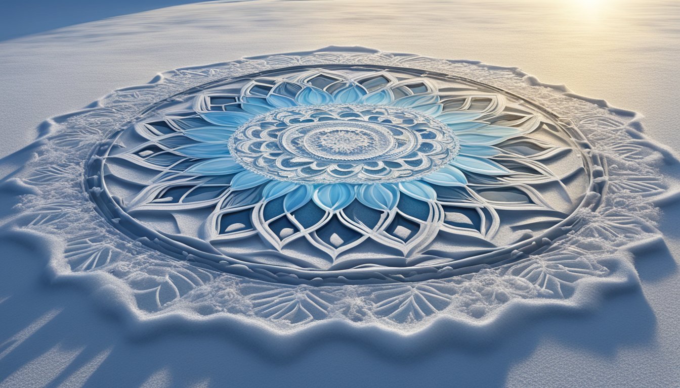 Snow-covered ground with intricate mandala patterns created bypressing and shaping snow and ice. Sunlight glistens off the icysurfaces, highlighting the delicate details of the frozenart