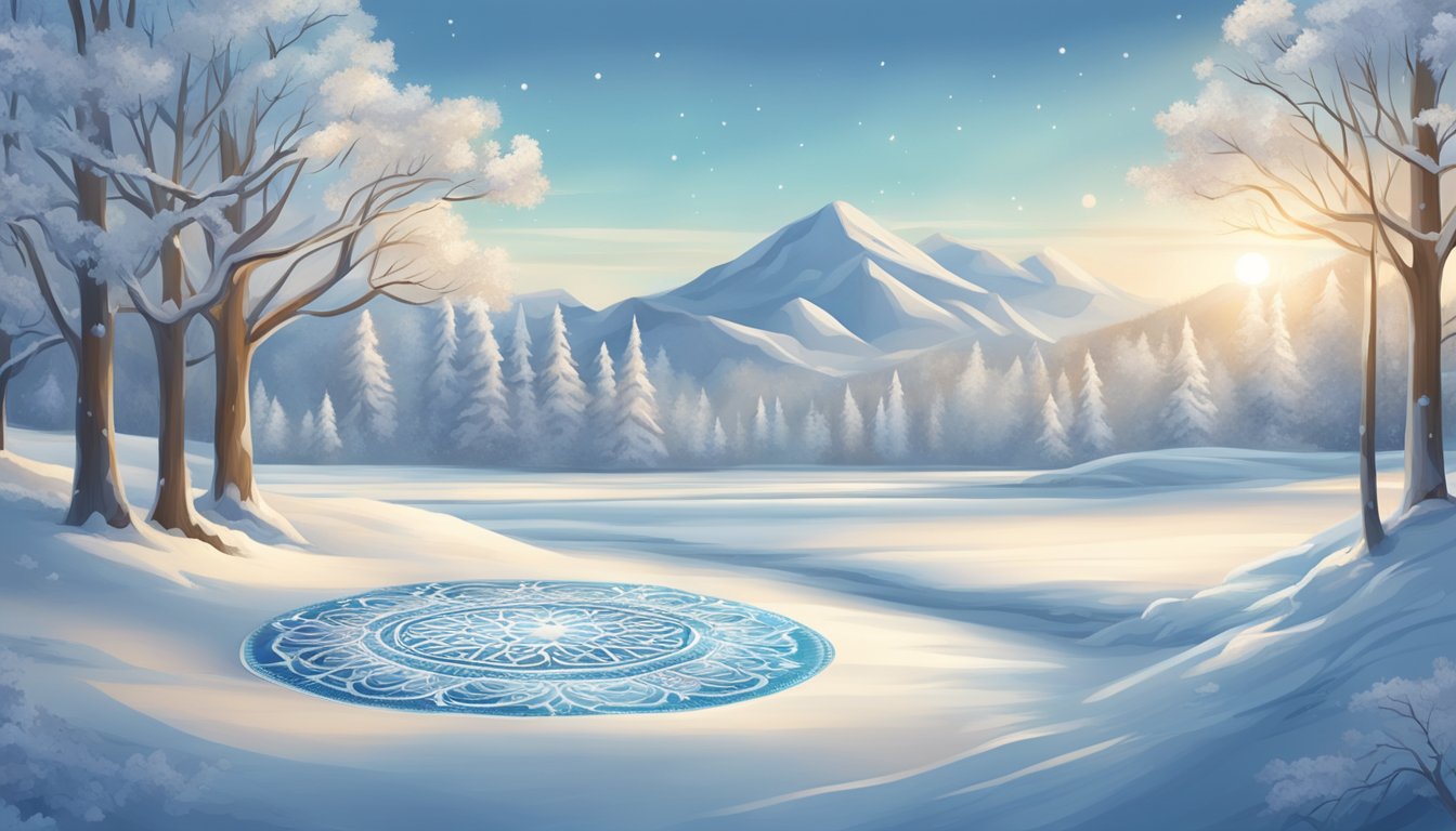 A serene snow-covered landscape with intricate ice mandalas scatteredacross the ground, reflecting the peacefulness and beauty ofmindfulness