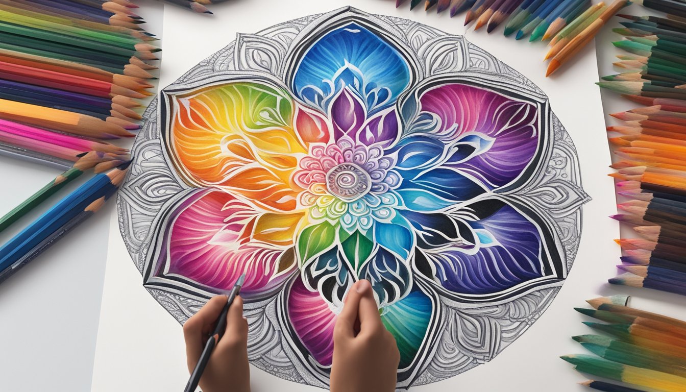 Vibrant mandala art emerges on a snowy canvas, as an instructor sharestechniques with a group ofstudents