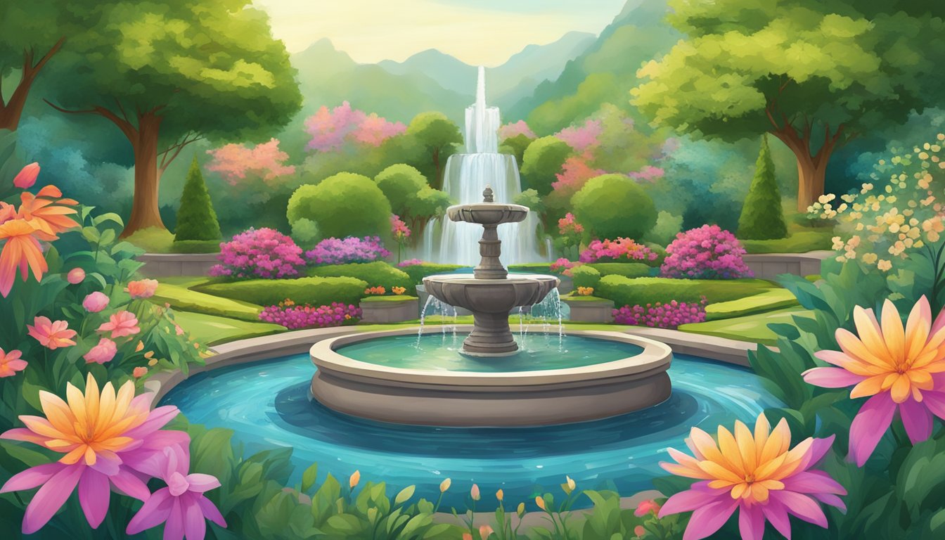 A serene garden with a flowing water feature, surrounded by vibrantflowers and lush greenery, with a strategically placed mandala symbol inthecenter
