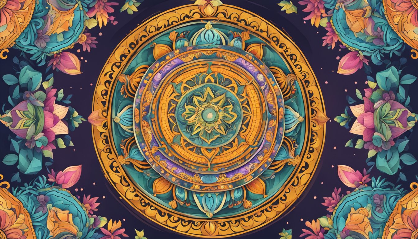 A mandala with elements of feng shui, love, health, and success.Vibrant colors and intricate patterns radiate positiveenergy