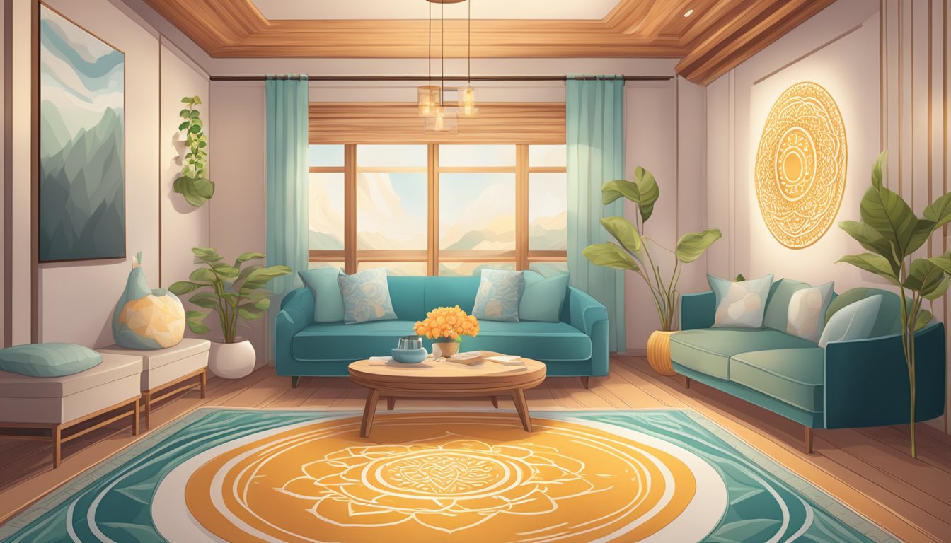 A serene, balanced room with mandala patterns and feng shui elementspromoting love, health, andsuccess