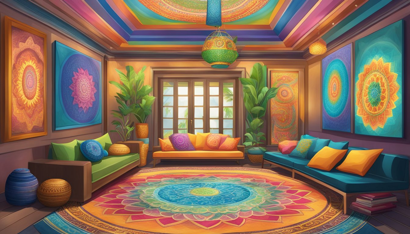 A room filled with vibrant mandalas and feng shui elements, radiatingpositive energy andabundance