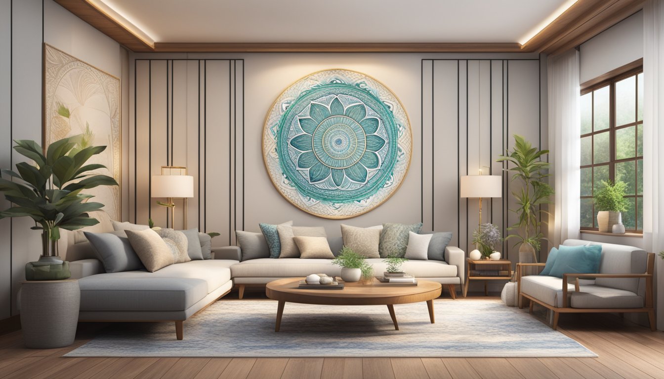 A serene living room with mandalas on the walls, and Feng Shuielements like flowing water and natural light creating a harmonious andbalancedspace