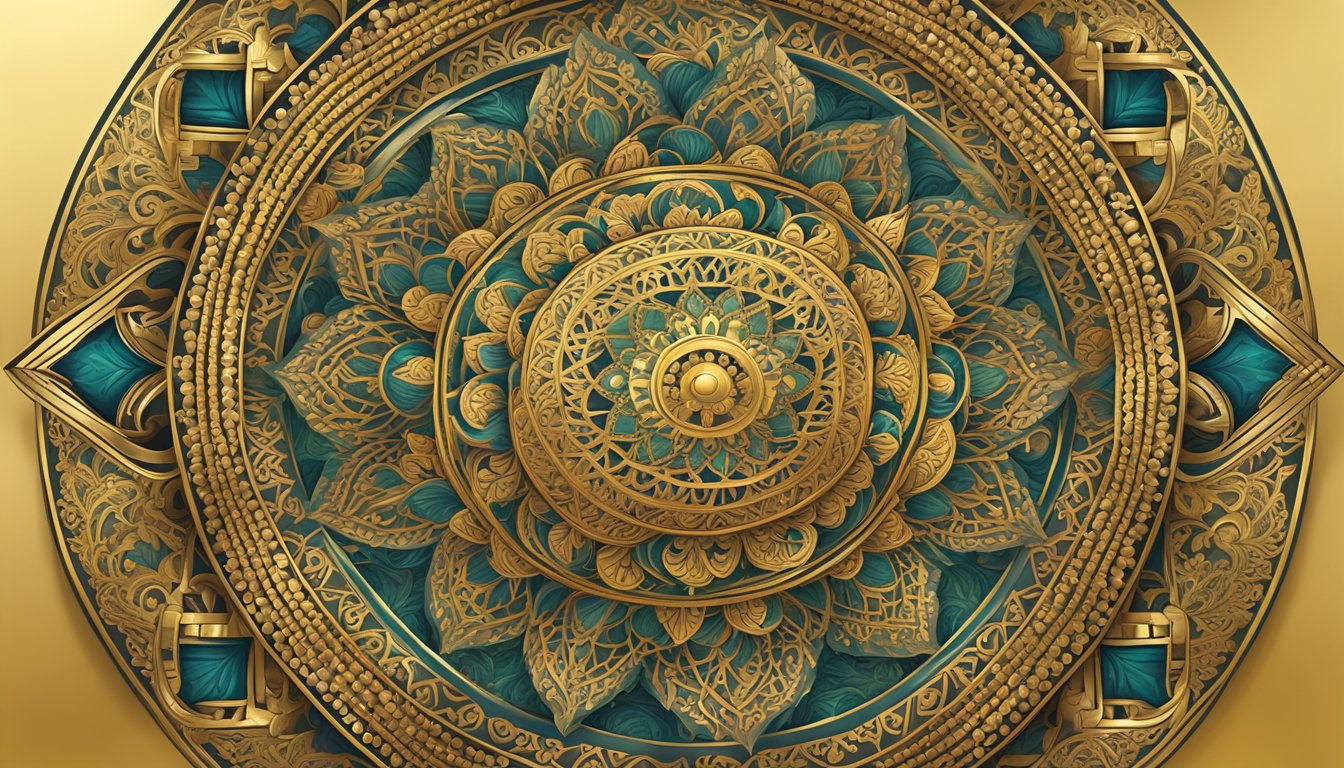 A golden mandala with intricate patterns, surrounded by symbols ofprosperity andabundance