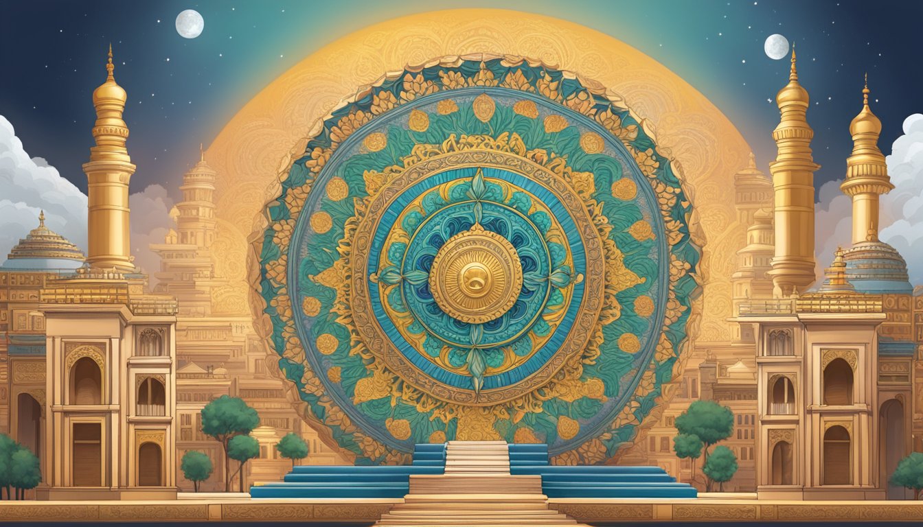 A grand mandala representing wealth, with historical significance, isthe focal point of thescene
