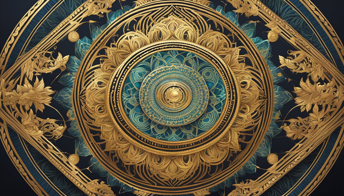 A golden mandala with intricate geometric patterns and symbolsrepresenting wealth andabundance