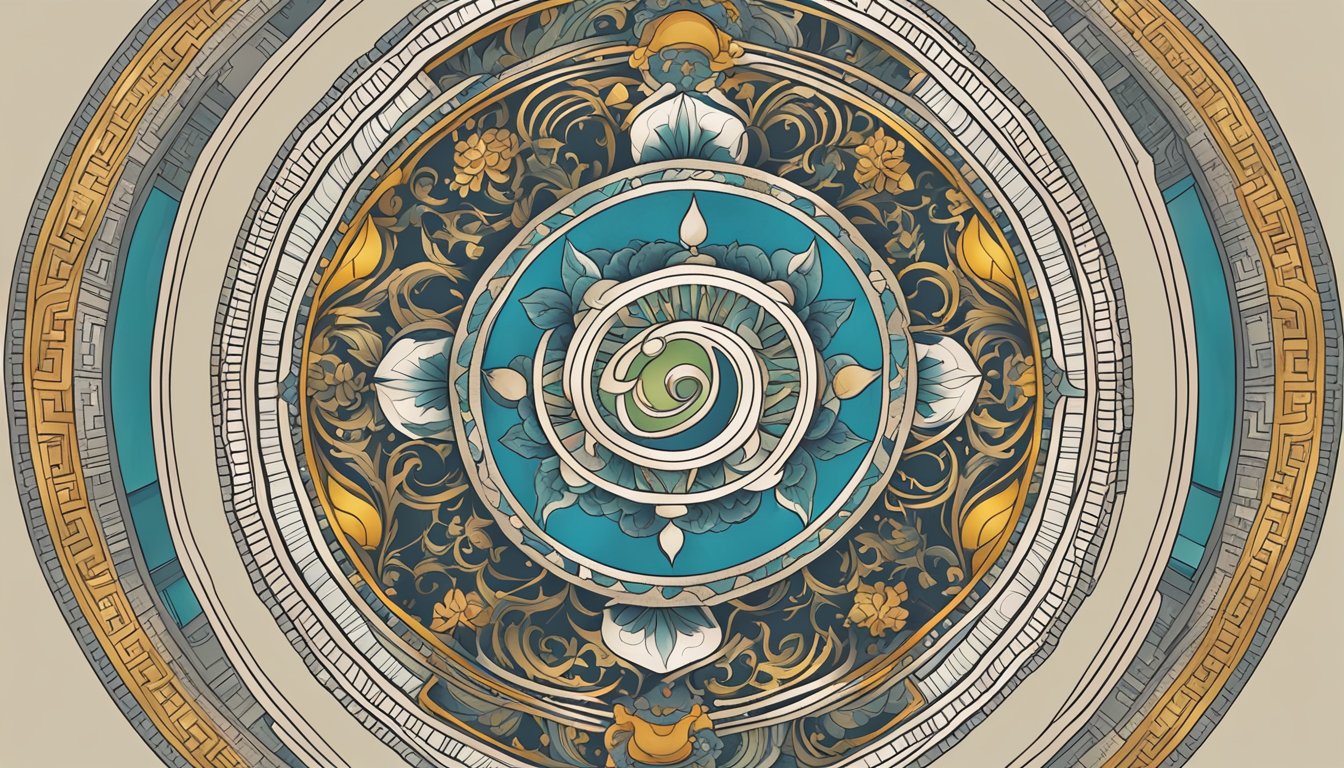 A circular mandala with intricate patterns representing cultural andspiritual wealth trigram, surrounded by symbolicelements