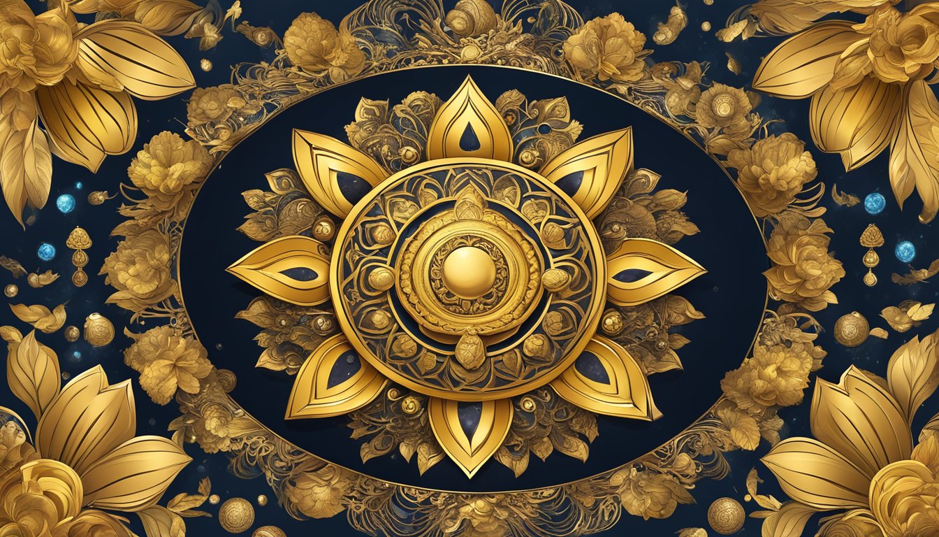 A golden trigram mandala surrounded by overflowing treasure,representing abundance andprosperity