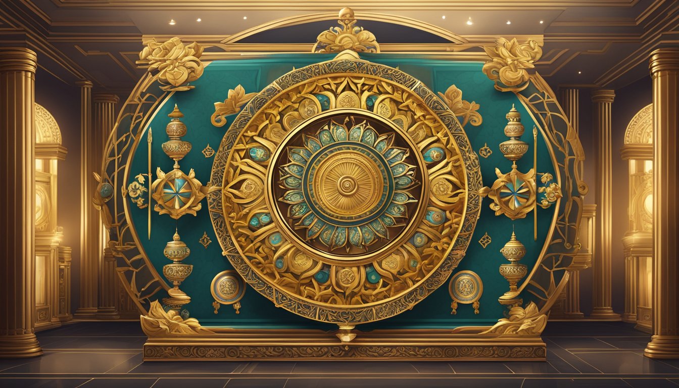 A wealth trigram mandala placed in the center of a room, surrounded byluxurious items and symbols ofprosperity