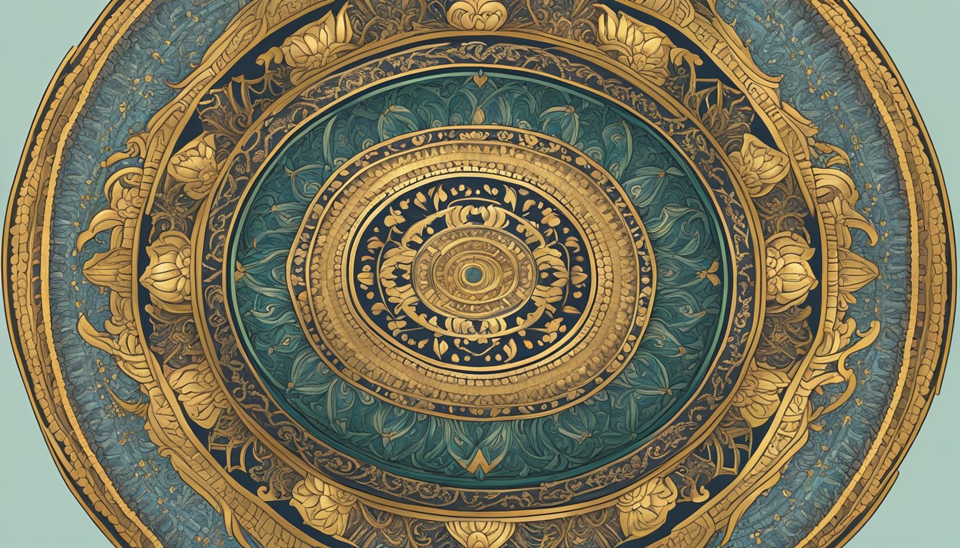 A circular mandala with intricate patterns and symbols representingwealth, created using various materials andmethods
