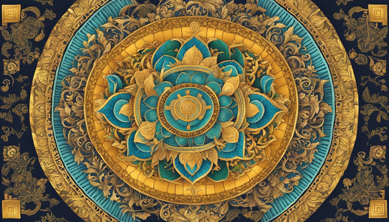 A trigram mandala depicting wealth, with intricate patterns andsymbols, radiating abundance andprosperity
