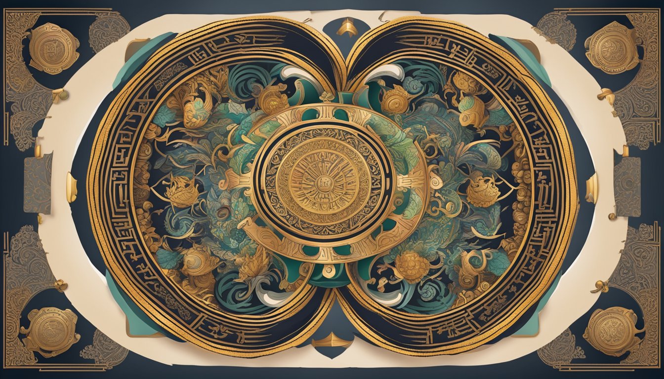 A circular mandala featuring the wealth trigram, with intricatepatterns and symbols, surrounded by offerings andincense