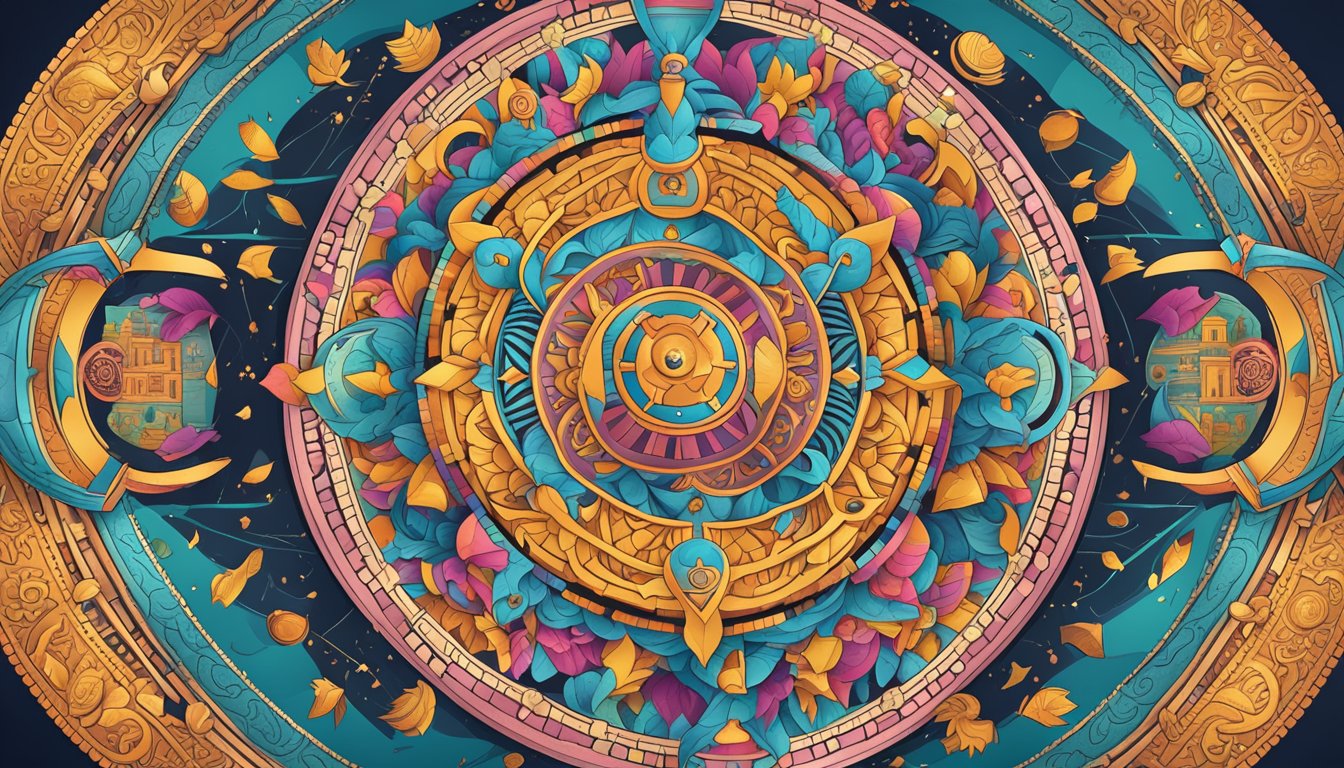 A vibrant mandala with wealth trigrams, surrounded by pop culturesymbols andicons