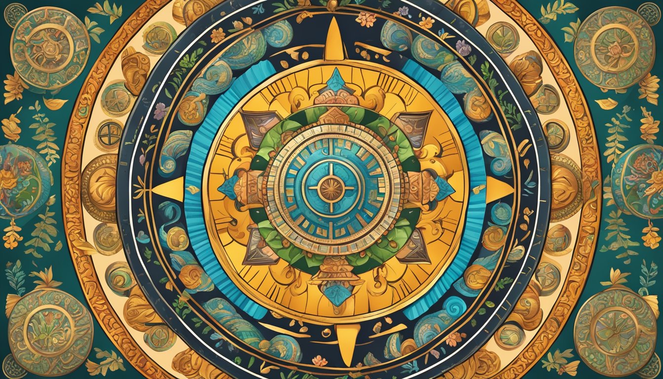 A circular wealth trigram mandala surrounded by symbols from differentcultures, representing prosperity andabundance
