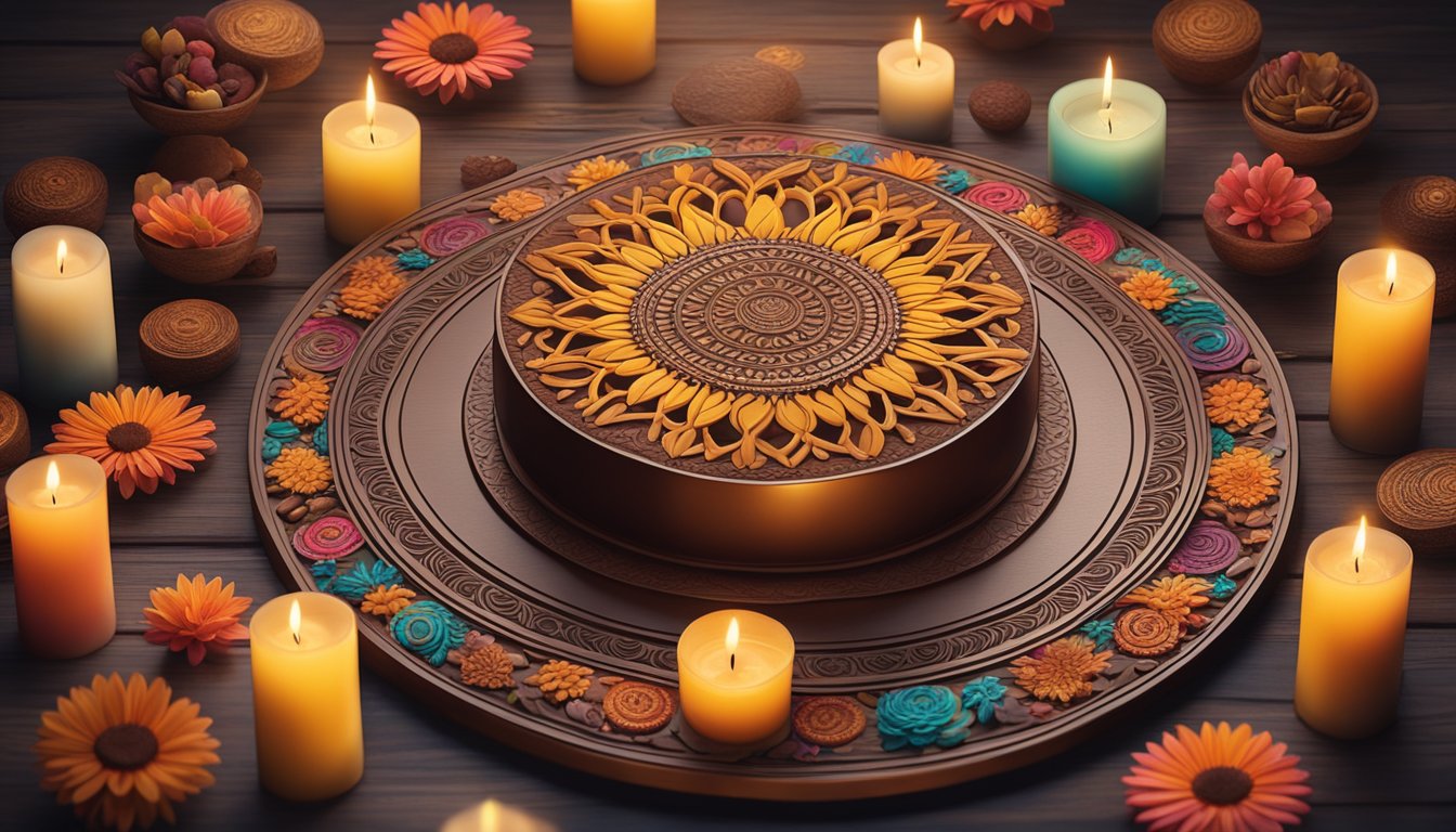 A circular arrangement of intricate chocolate designs, resemblingmandalas, sits on a wooden table surrounded by vibrant flowers andflickeringcandles