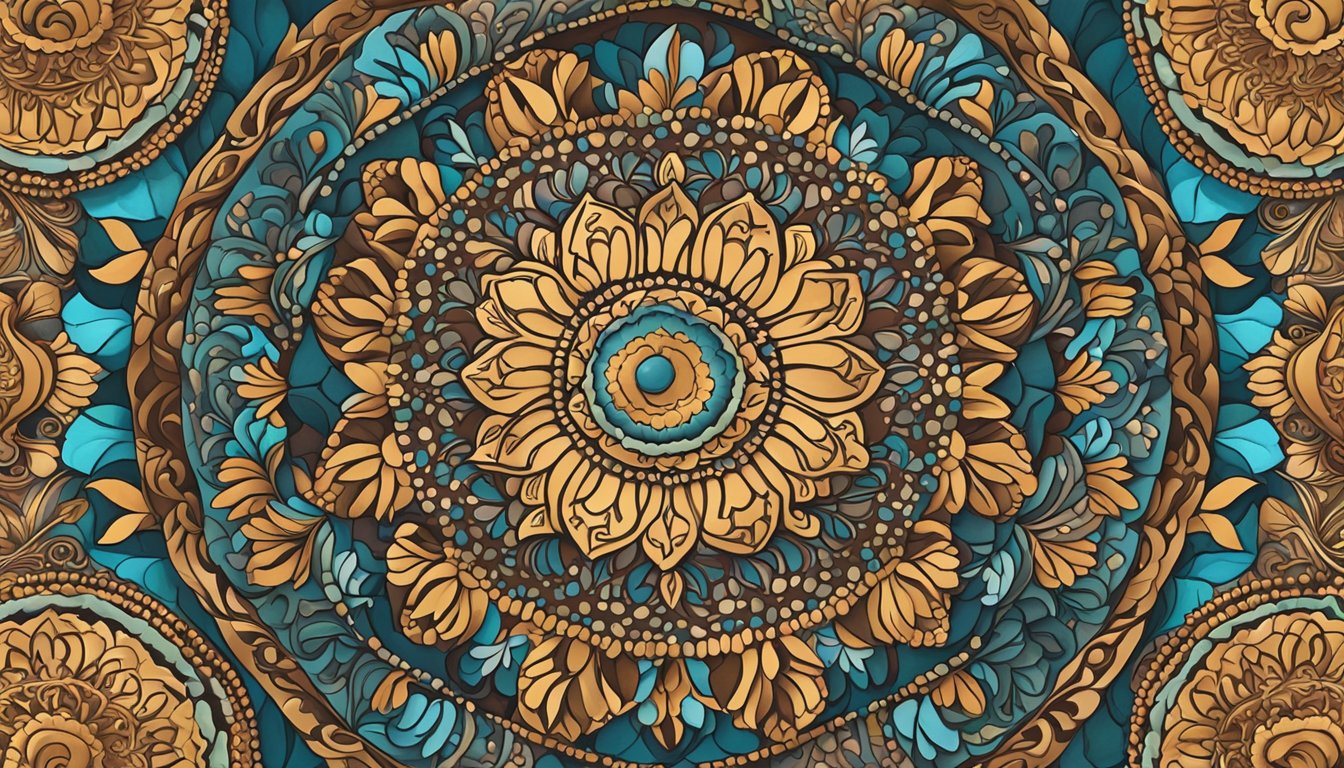 A display of intricate chocolate mandalas in a bustling market, withvibrant colors and delicate designs, attracting the attention ofpassersby